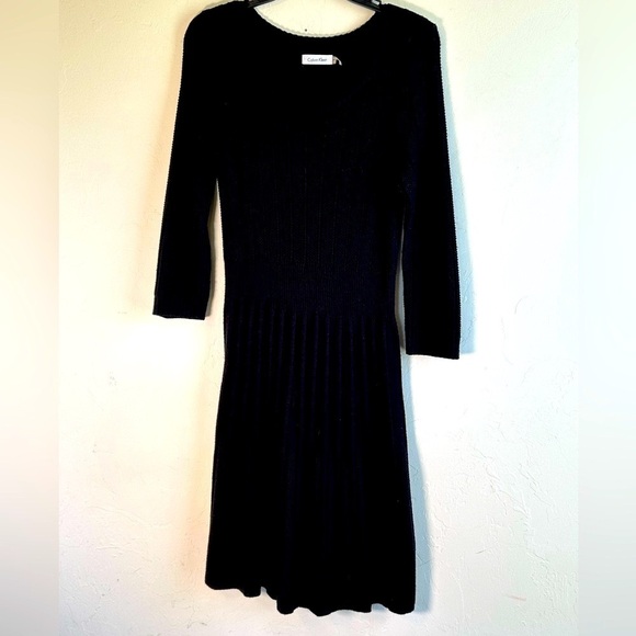 Calvin Klein Black Ribbed Drop Waist 3/4 Length Sleeves Sweater Midi Dress Sz. M - Picture 1 of 10